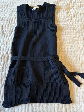 ERICA TANOV Ribbed Longline Tunic Sweater In Navy Hand Knit Pockets Vest Tie